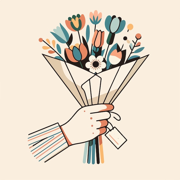 Vetor ilustração minimalista e simples de estilo vetorial de uma mão segurando um buquê de flores