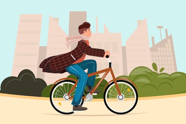 Vetor ilustração moderna do homem andando de bicicleta pela cidade