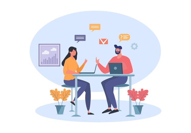 Ilustração moderna plana vetorial de um homem falando com uma jovem com um laptop