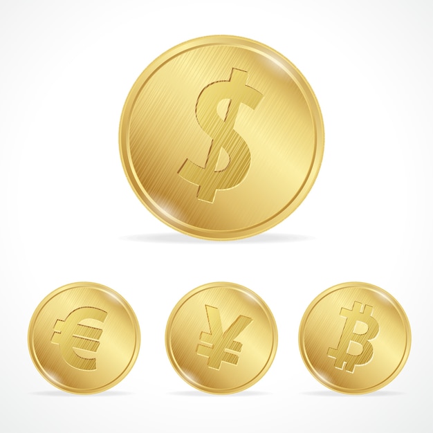 ilustração moeda de ouro bitcoin euro dólar yena. O conceito de troca