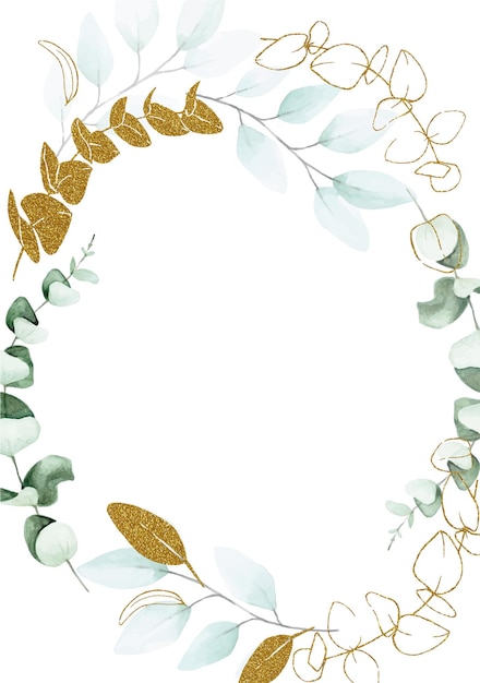 ilustração moldura redonda de folhas de eucalipto desenhando aquarela e glitter dourados