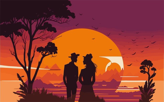 Vetor ilustração mostrando uma cena romântica de pôr-do-sol silhueta de um casal de pé juntos assistindo