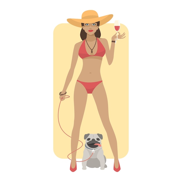 Ilustração, mulher em traje de banho com cão pug, formato eps 10