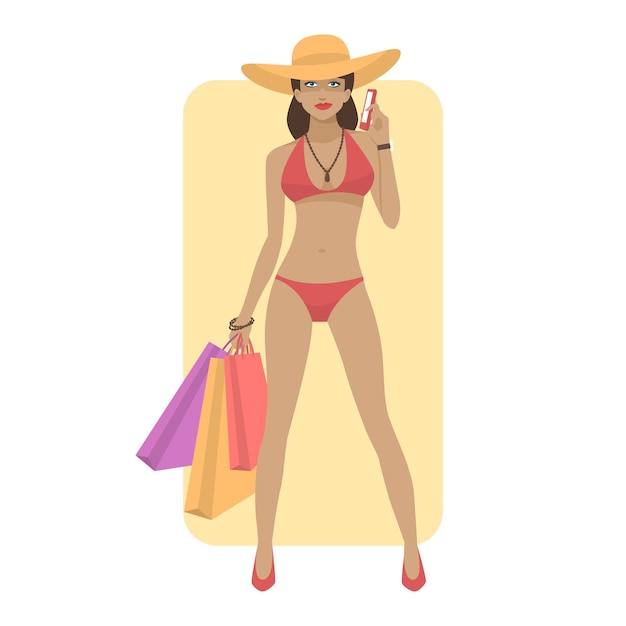 Ilustração, mulher em traje de banho segura telefone e bolsas, formato eps 10