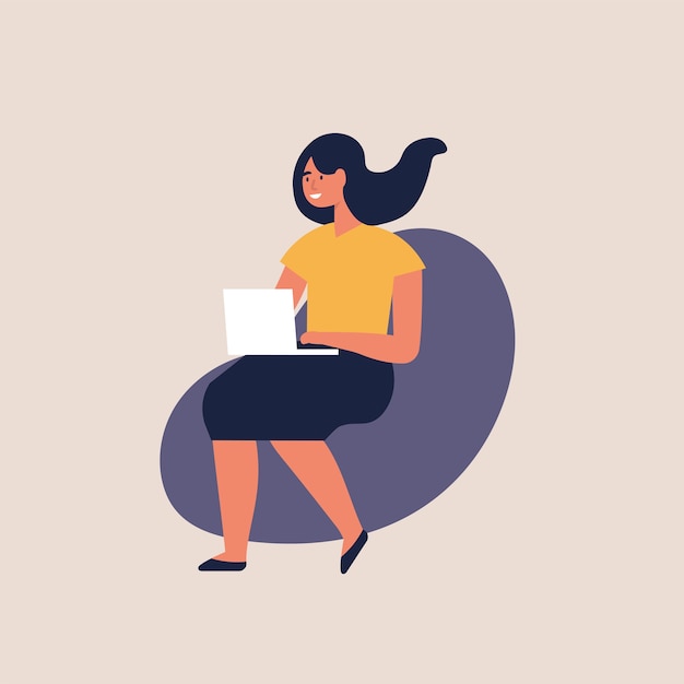 Vetor ilustração mulheres jovens sentadas em uma cadeira e trabalhando no laptop em casa ou espaço de coworking moderno. freelancer masculino.