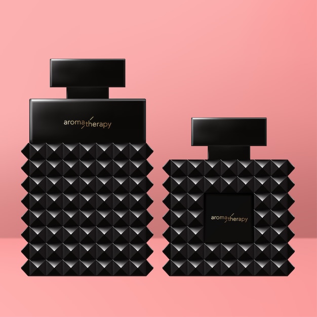 Vetor ilustração na moda da garrafa de perfume 3d do rebite preto com tampão retangular.