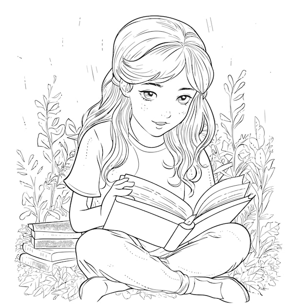 ilustração página de colorir livro mulheres ler livro