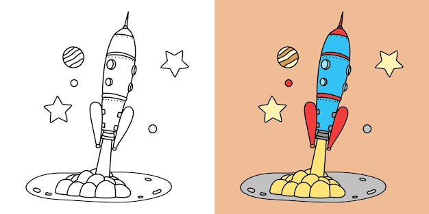 Vetor ilustração para colorir infantil com foguete espacial