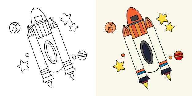 Vetor ilustração para colorir infantil com foguete espacial