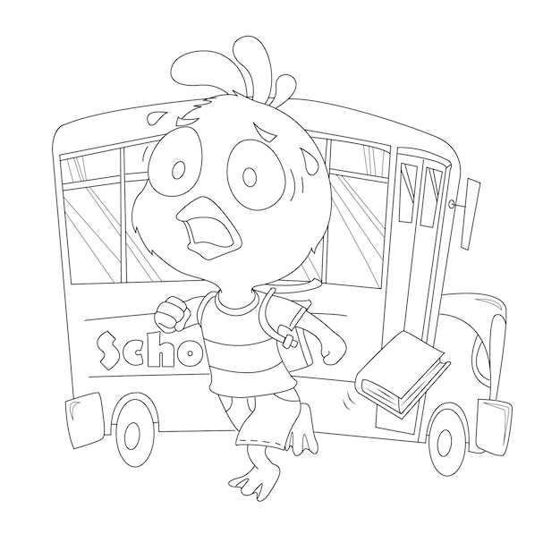 Vetor ilustração para colorir infantil com pintinho e ônibus escolar