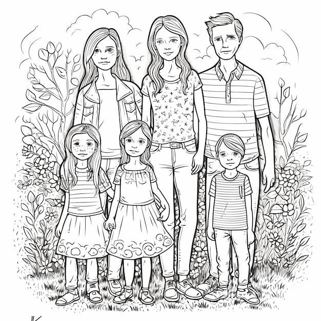 Ilustração para colorir página de livro família
