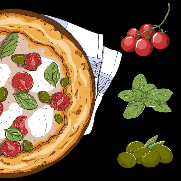 Vetor ilustração pizza margarita e ingredientes