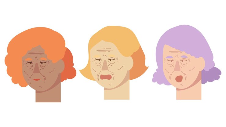 Vetor ilustração plana com a parte superior do corpo e os rostos de três mulheres mais velhas com cabelos diferentes