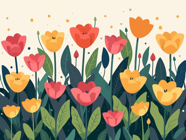 Ilustração plana com muitas tulipas vermelhas e amarelas abertas em linha em amarelo claro