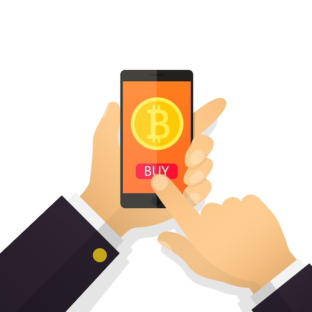 Ilustração plana conceito empresário mão segurando um smartphone com bitcoins