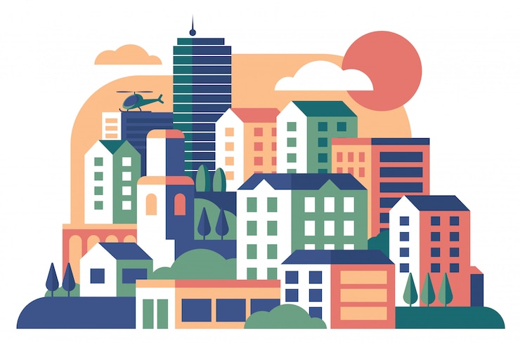 Vetor ilustração plana da cidade edifícios paisagem bonita
