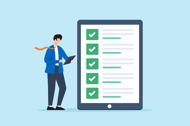 Ilustração plana da lista de verificação de negócios do empresário no ecrã do tablet