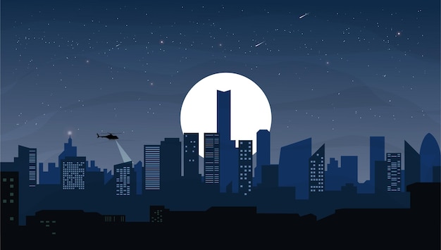 Ilustração plana da visão noturna da cidade moderna com lua e estrelas e helicóptero