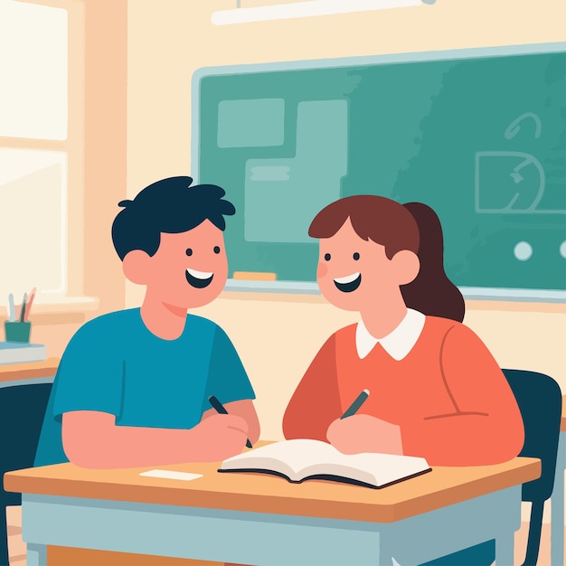 Ilustração plana de alunos felizes estudando em sala de aula