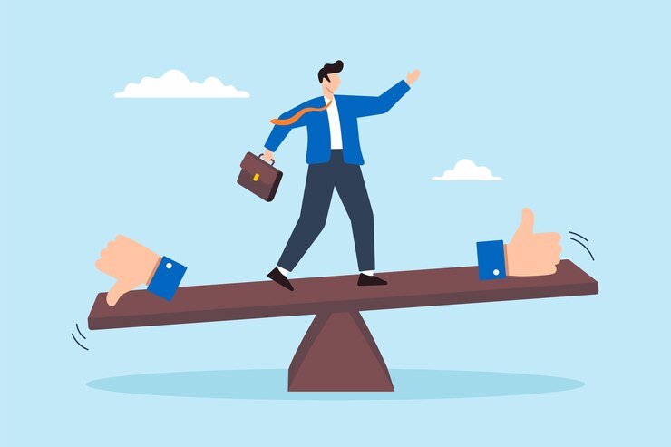 Vetor ilustração plana de balanços de empresários em balança com o polegar para cima e para baixo avaliando mérito demérito vantagem desvantagem no desempenho de comparação