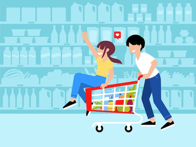 Ilustração plana de casal se divertindo, fazer compras no supermercado, andar de carrinho de compras