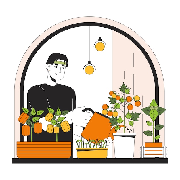 Vetor ilustração plana de desenho animado de linha de jardinagem de legumes interior