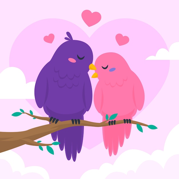 Vetor ilustração plana de dia dos namorados com pássaros apaixonados