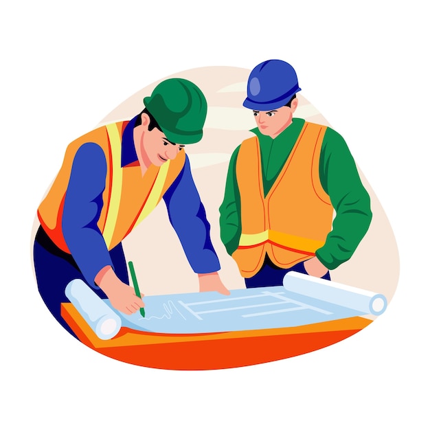 Ilustração plana de engenheiros fazendo plano de construção