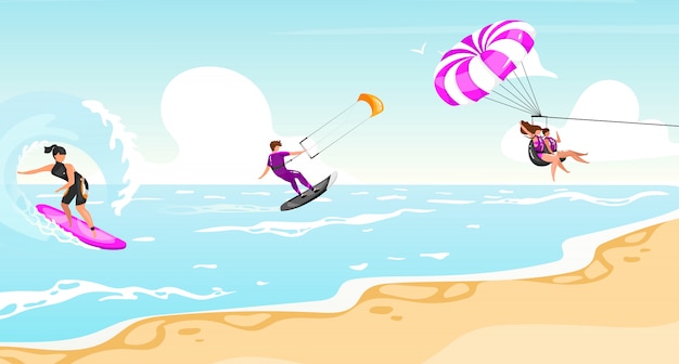 Ilustração plana de esportes aquáticos. experiência de surf, kitesurf, parasailing. esportista no estilo de vida ativo ao ar livre do barco. litoral tropical, turquesa waterscape. personagens de desenhos animados de atletas