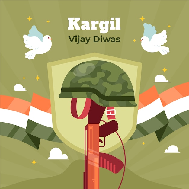 Vetor ilustração plana de kargil vijay diwas com arma e capacete