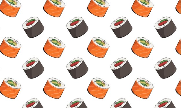 Ilustração plana de padrão de vetor de comida de cozinha apanesa isolada em rolos de sushi de fundo branco molho de soja onigiri conjunto padrão sem costura imagem de estoque para menus de restaurante e entrega de cartazes