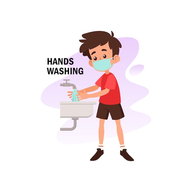 ilustração plana de personagem lavando a mão para prevenção do vírus corona