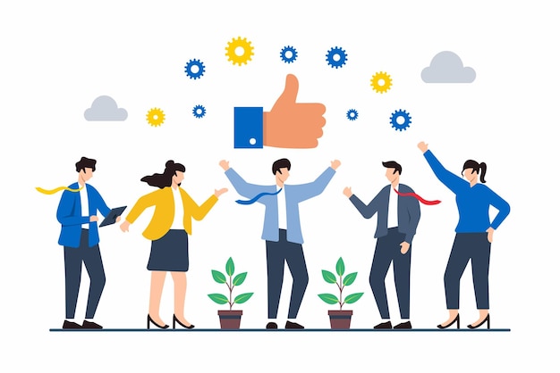 Ilustração plana de pessoas dando o polegar a um colega por excelente trabalho em equipe e colaboração