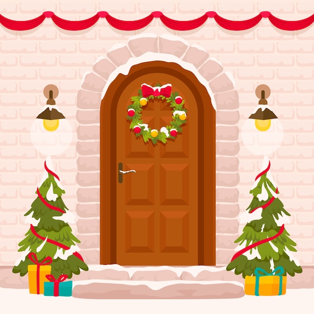 Ilustração plana de porta de natal