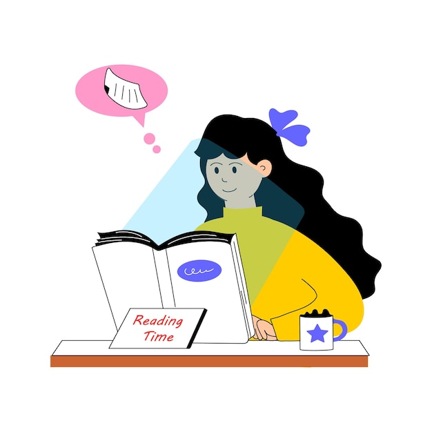 Ilustração plana de qualidade premium da leitura de livros