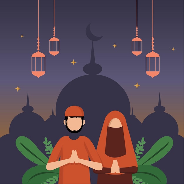 Ilustração plana de ramadan kareem de casal muçulmano