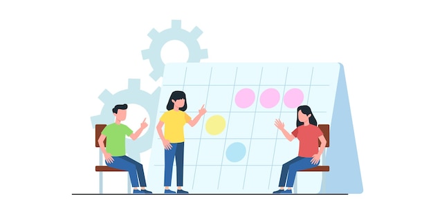 Ilustração plana de reunião de negócios. Conceito de fluxo de trabalho de negócios, gerenciamento de tempo, planejamento, aplicativo de tarefas, trabalho em equipe. Design plano criativo para banner da web, material de marketing, apresentação de negócios