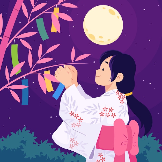 Ilustração plana de tanabata com enfeites pendurados de mulher