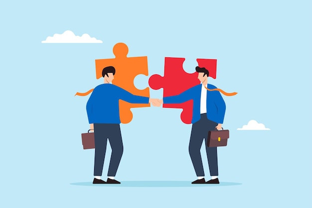 Ilustração plana de um empresário apertando as mãos conectando peças de quebra-cabeça simbolizando parceria e cooperação