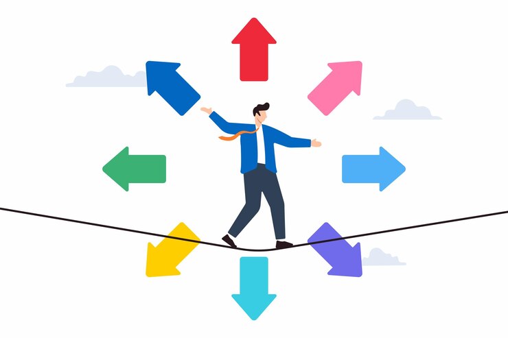 Vetor ilustração plana de um empresário equilibrando-se em uma corda apertada com setas em diferentes direções de carreira