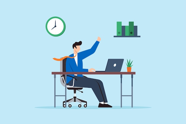 Ilustração plana de um empresário feliz trabalhando em uma mesa de escritório desfrutando de uma atmosfera positiva e satisfação na carreira