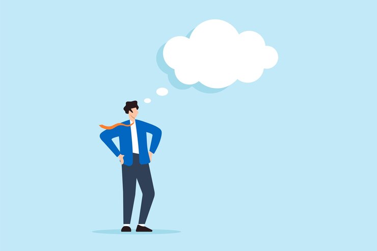 Vetor ilustração plana de um empresário inteligente contemplando grandes sonhos em bolha de pensamento imaginando soluções para mudar o mundo