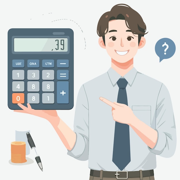 Vetor ilustração plana de um funcionário financeiro apontando uma calculadora