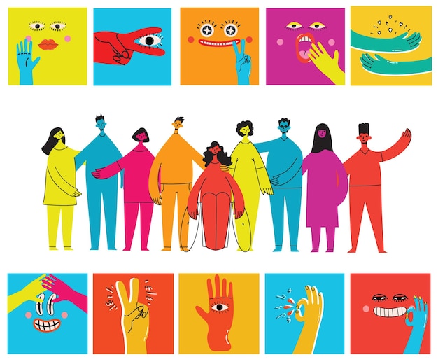 Vetor ilustração plana de um grupo contendo pessoas inclusivas e diversificadas todas juntas sem qualquer diferença