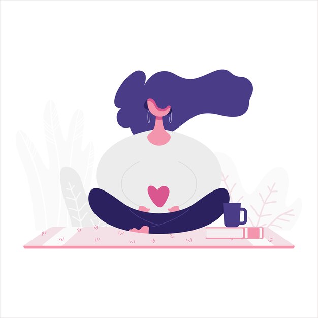 Ilustração plana de uma garota meditando. tema de relaxamento e amor próprio.