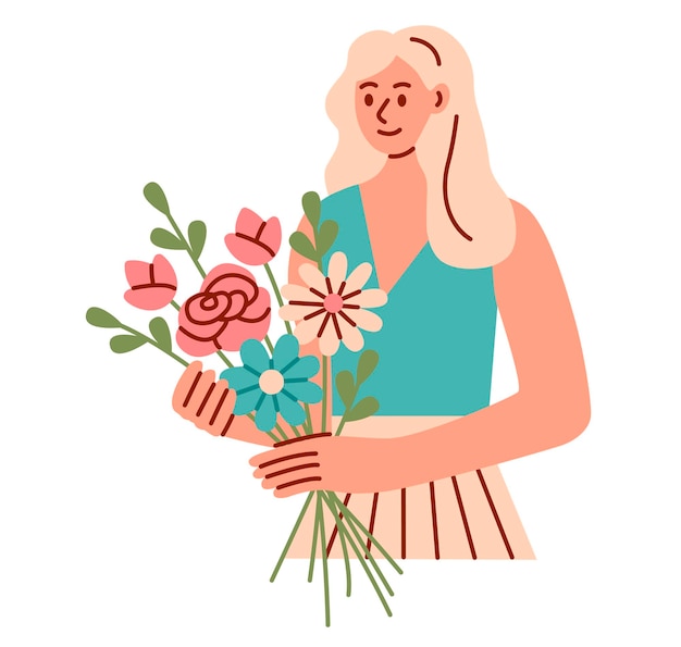 Ilustração plana de uma jovem sorridente segurando um buquê colorido de flores Ideal para temas relacionados à florística celebração felicidade doação de presentes romance natureza e beleza