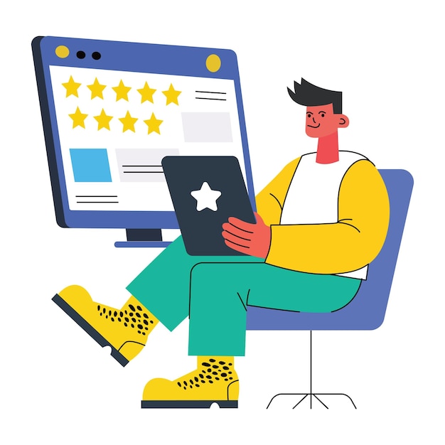 Ilustração plana de uma pessoa sentada olhando para uma tela com classificações de cinco estrelas simbolizando o cliente