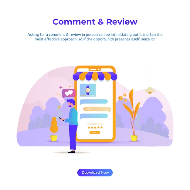 Ilustração plana de uma revisão de homem e comentário para loja online