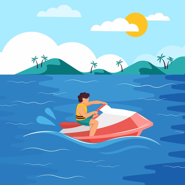 Ilustração plana de verão com jato de esqui