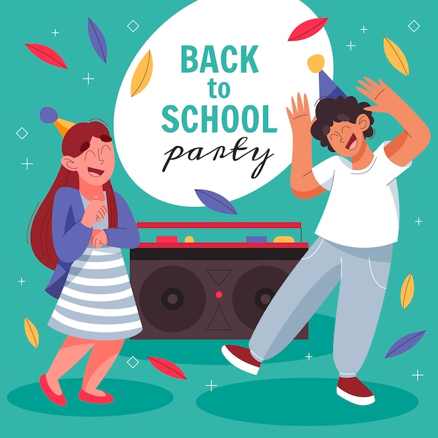 Ilustração plana de volta à festa da escola com alunos comemorando